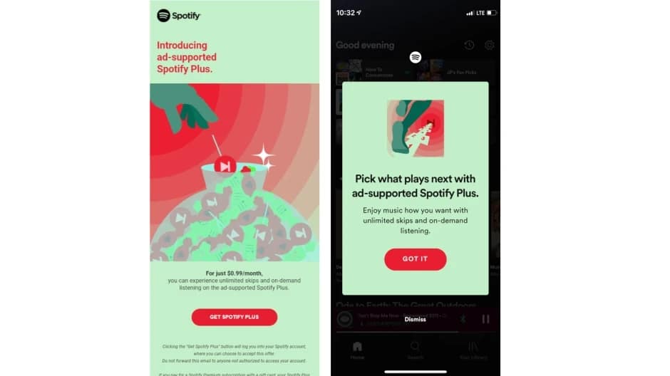 Captura de tela com os recursos do novo plano em testes, Spotify Plus