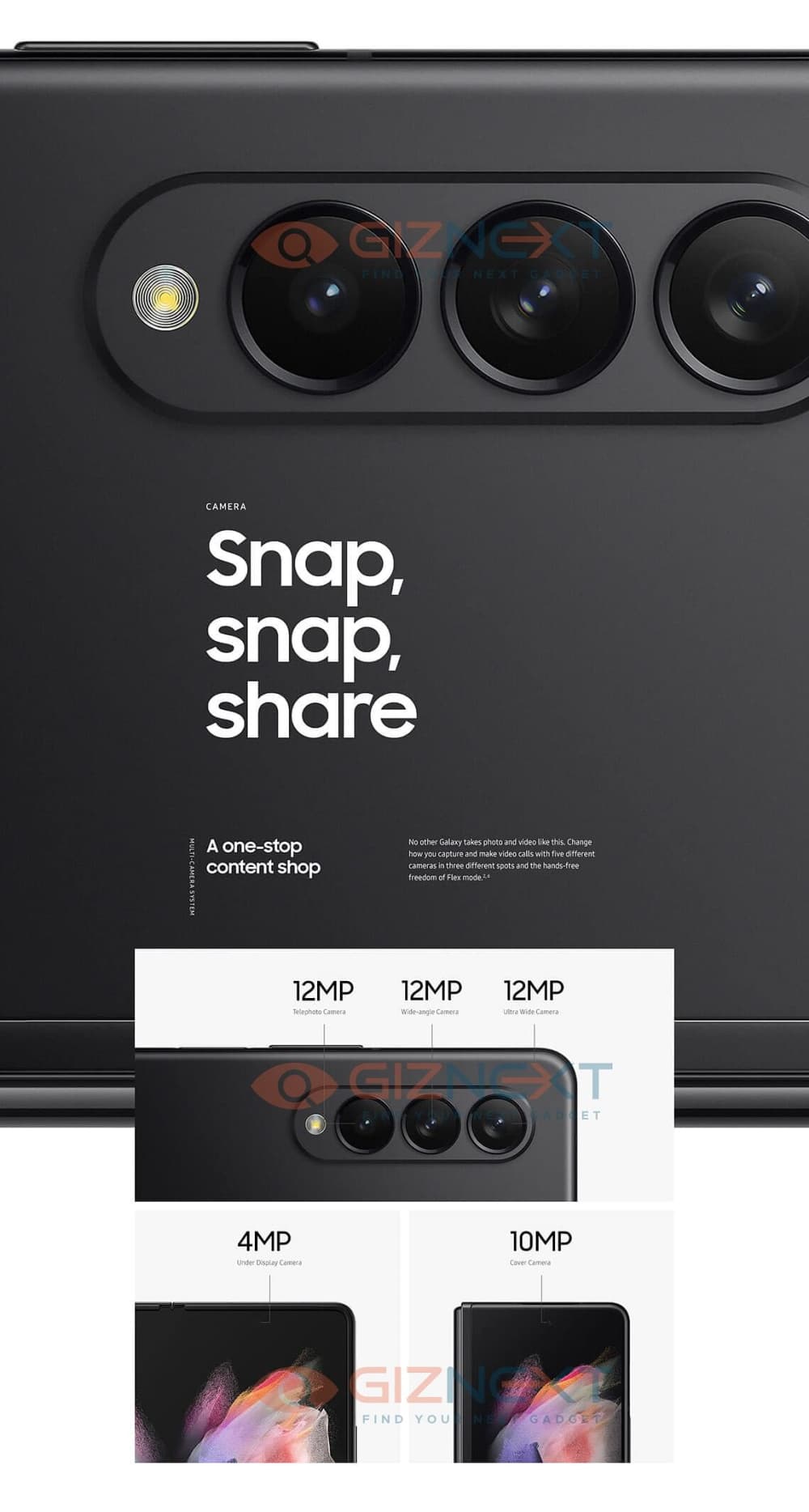 Imagem promocional mostra detalhes das câmeras do Z Fold 3