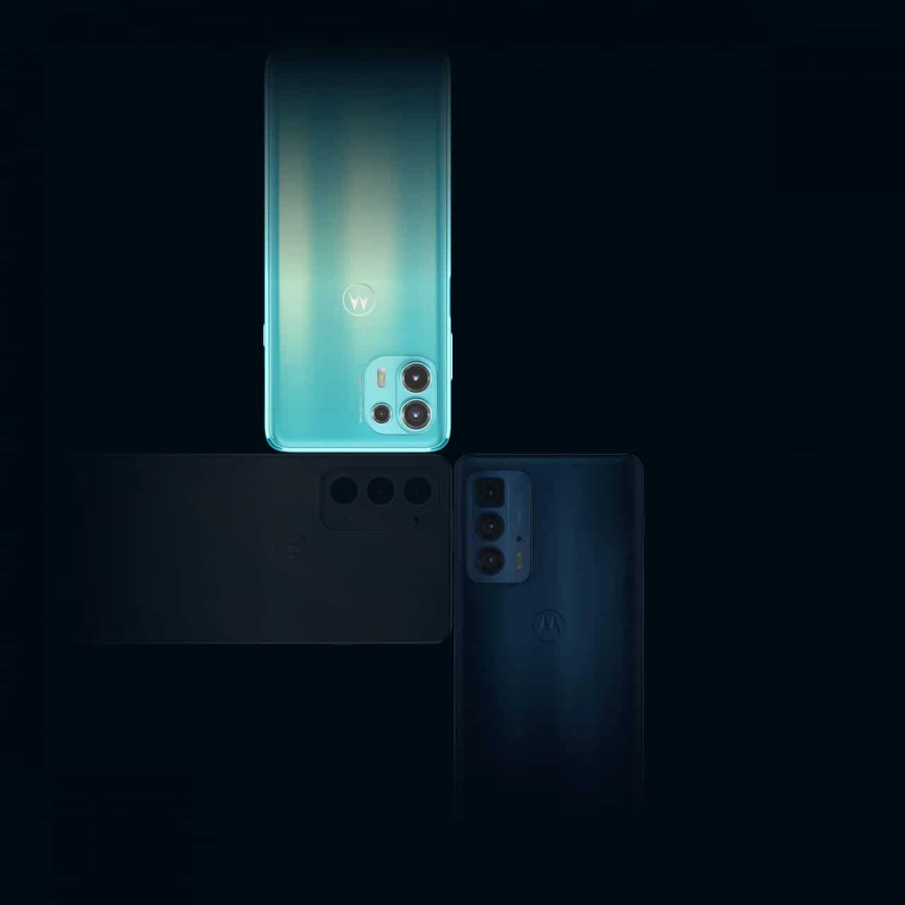 Imagem mostra o Motorola Edge 20 Lite destacado ao lado do Motorola Edge 20 e Edge 20 Pro