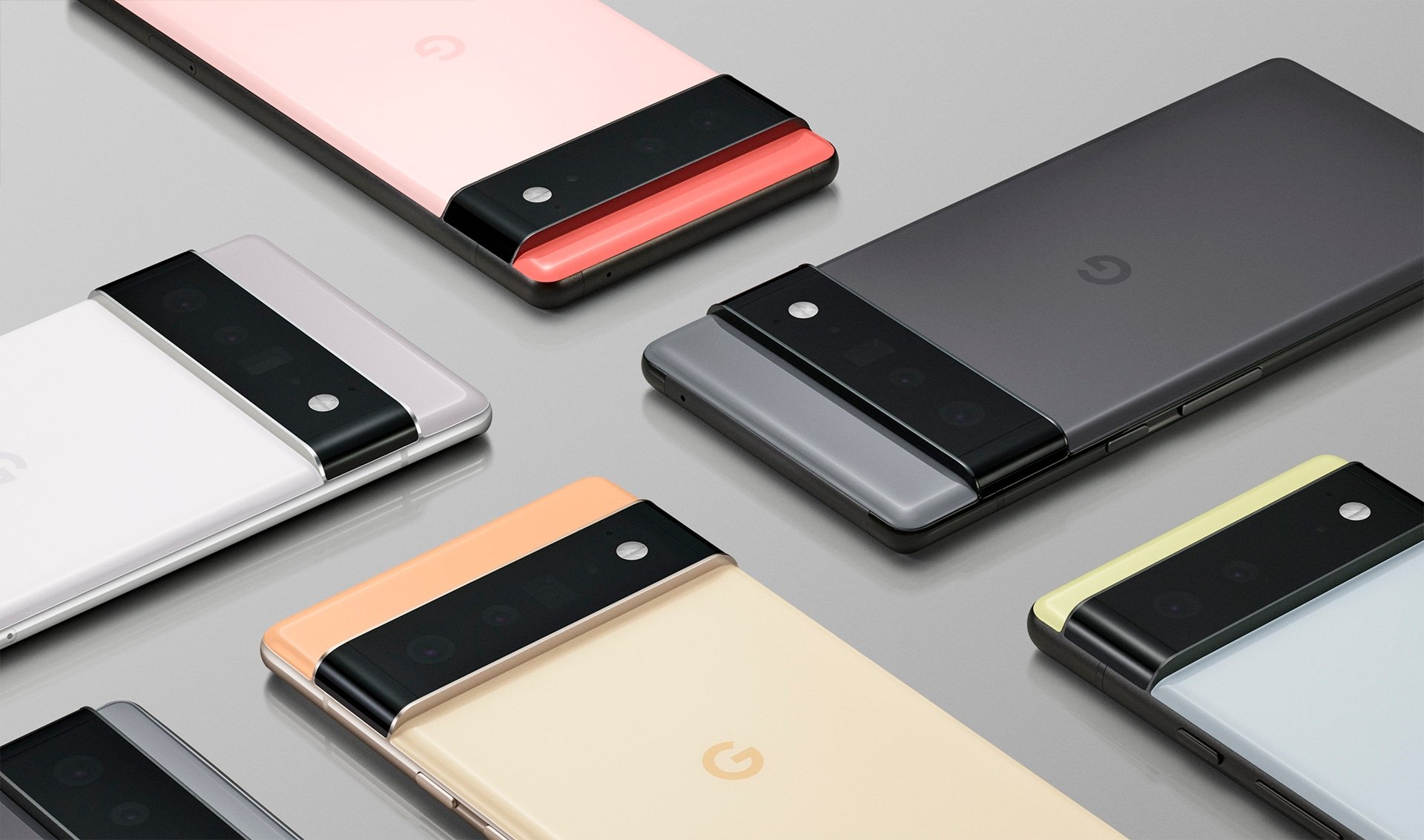Montagem promocional com o Google Pixel 6 em diversas cores