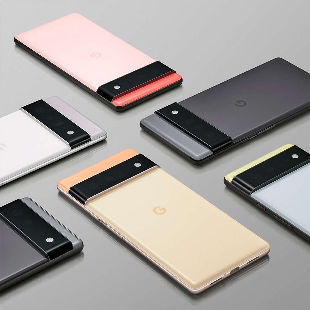Montagem promocional com o Google Pixel 6 em diversas cores