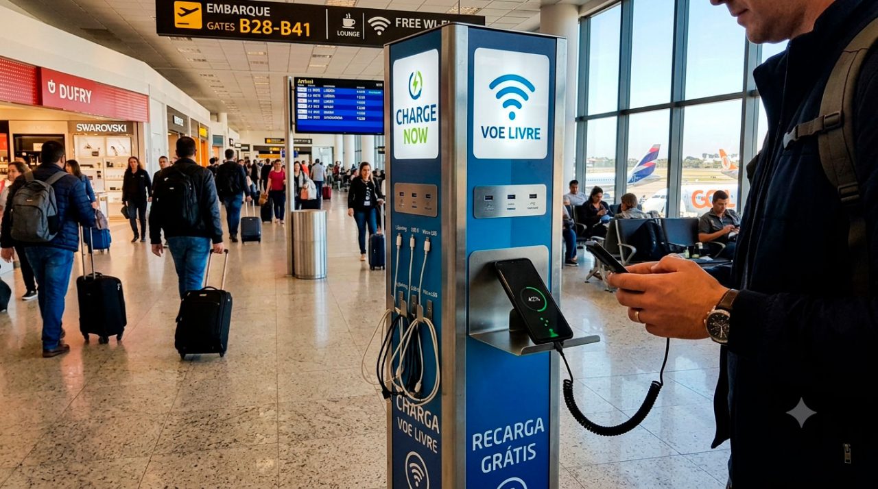 Estação de carregamento pública com cabos USB e um celular conectado.