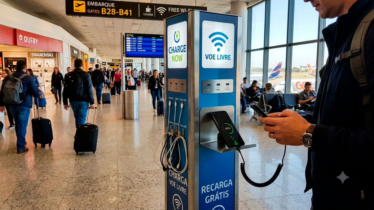 Estação de carregamento pública com cabos USB e um celular conectado.
