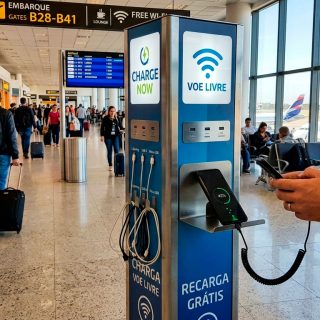 Estação de carregamento pública com cabos USB e um celular conectado.