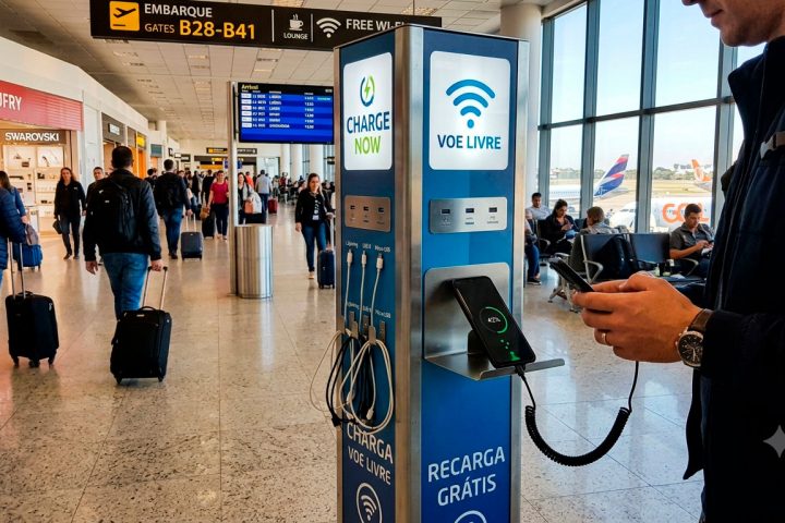 Estação de carregamento pública com cabos USB e um celular conectado.