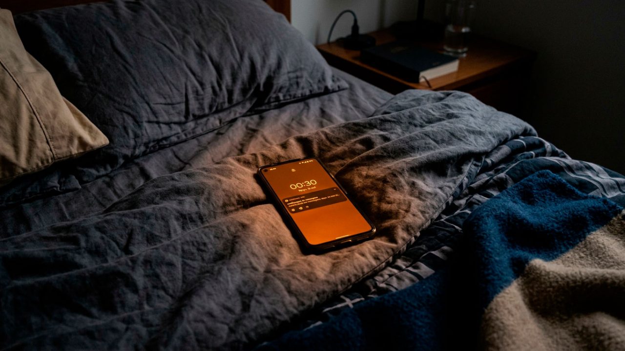 elular sobre uma cama no escuro, com a tela em tom alaranjado do modo noturno.