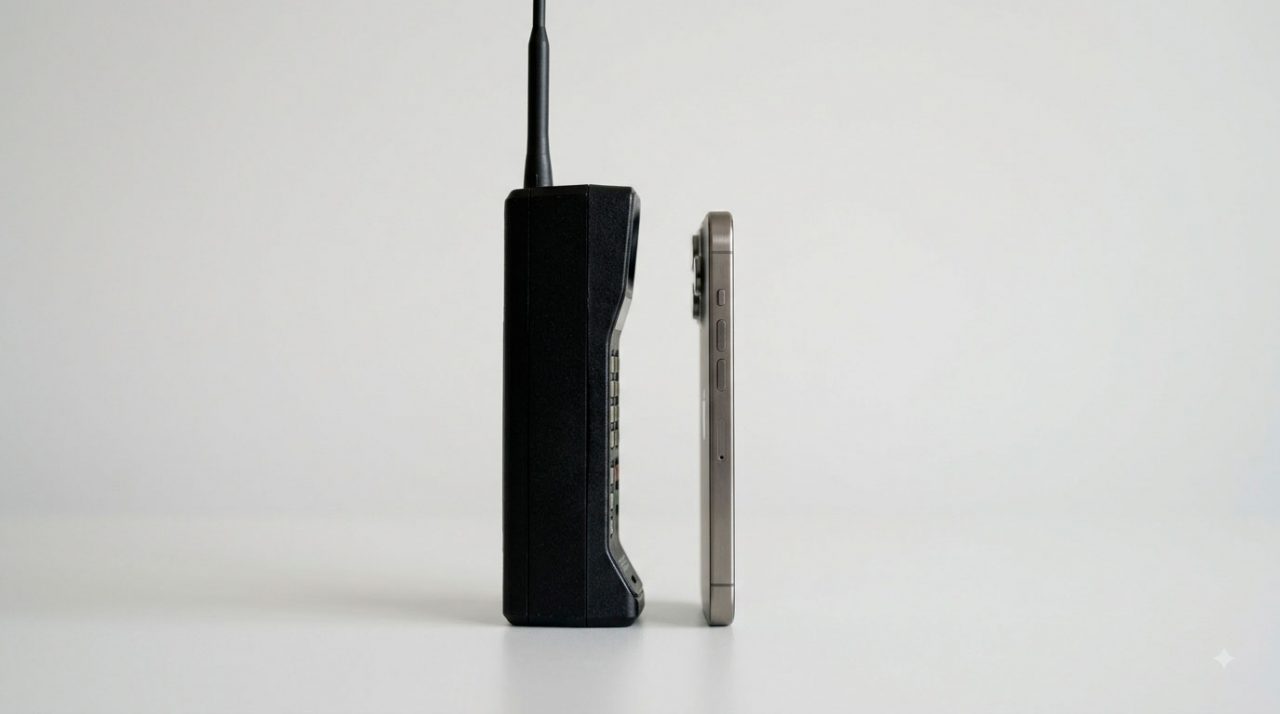 Dois celulares vistos de perfil lado a lado, um muito fino e outro do tipo tijolão.