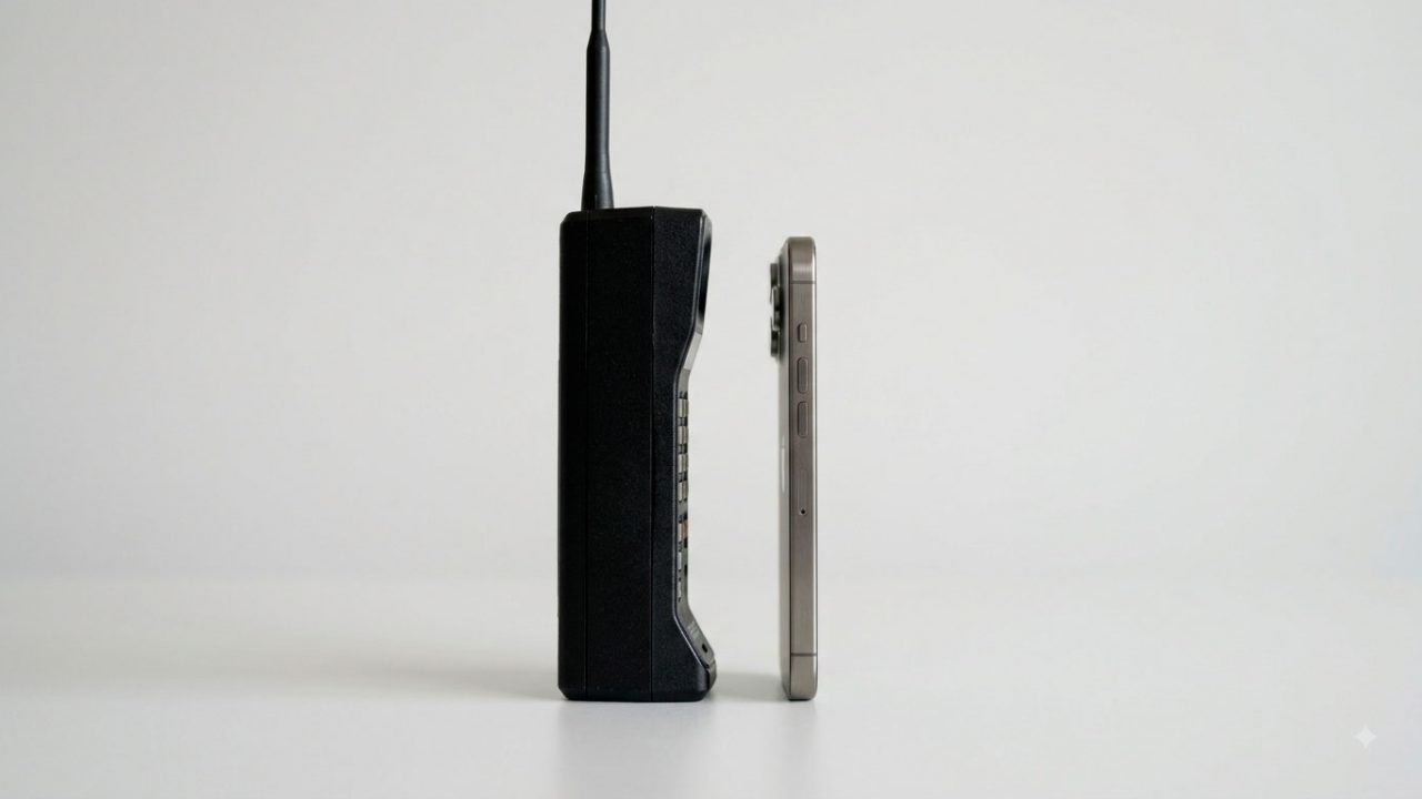 Dois celulares vistos de perfil lado a lado, um muito fino e outro do tipo tijolão.