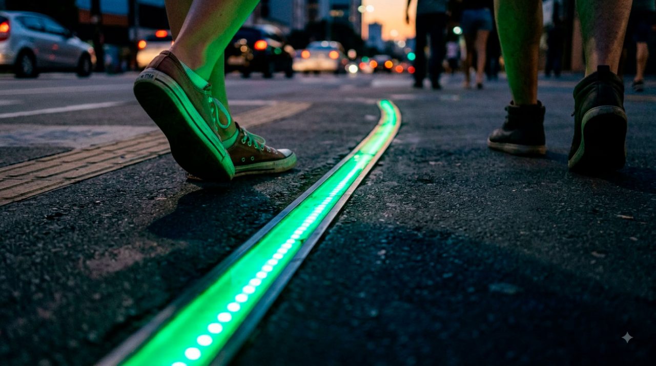 Luzes de LED embutidas na calçada indicando o sinal de trânsito, com pés de pedestres ao lado.