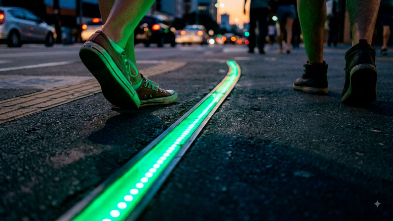 Luzes de LED embutidas na calçada indicando o sinal de trânsito, com pés de pedestres ao lado.