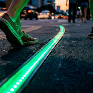 Luzes de LED embutidas na calçada indicando o sinal de trânsito, com pés de pedestres ao lado.