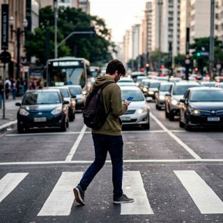 Pessoa atravessando uma faixa de pedestres enquanto olha para a tela do celular.