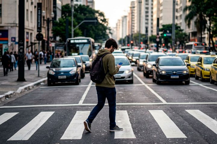 Pessoa atravessando uma faixa de pedestres enquanto olha para a tela do celular.