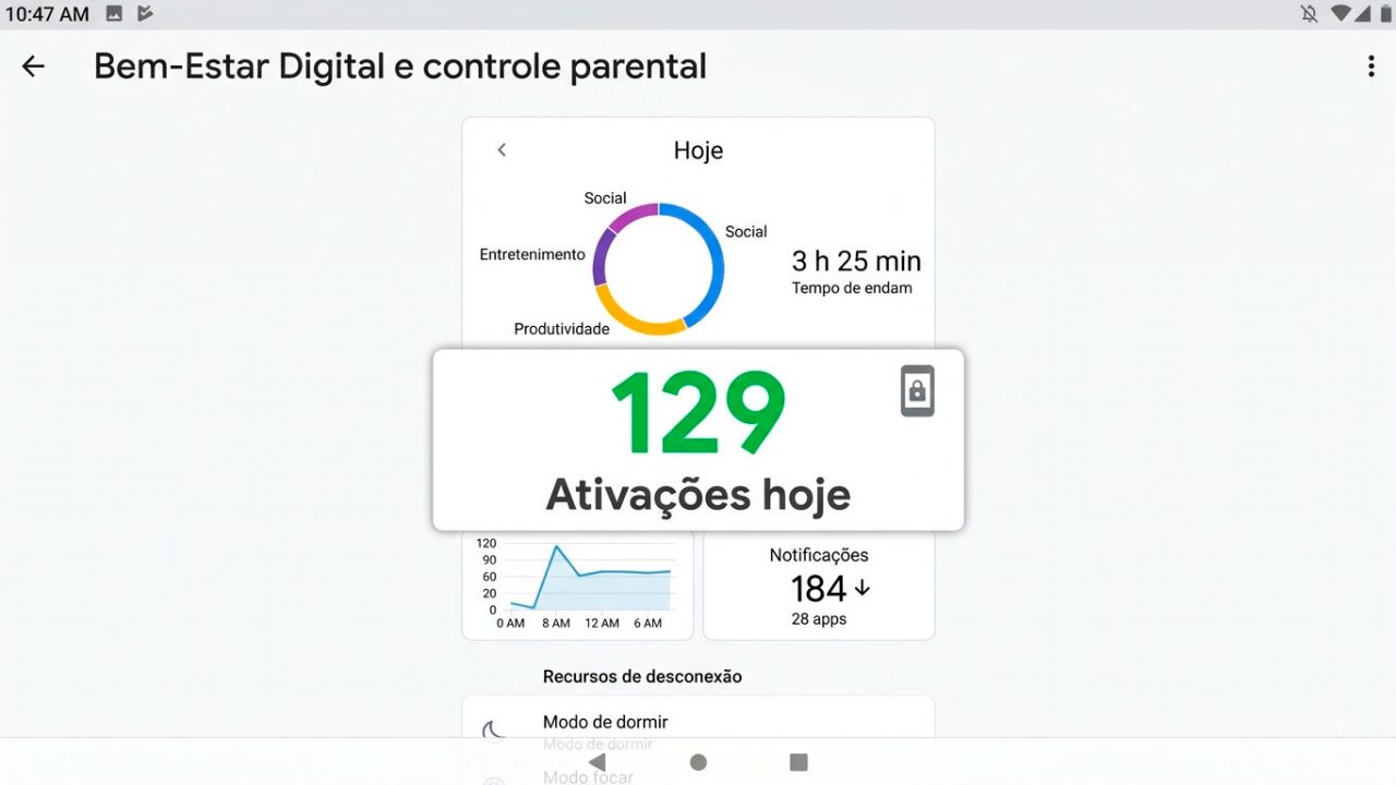 Tela de celular exibindo o painel de tempo de uso, com o número de ativações do dia.