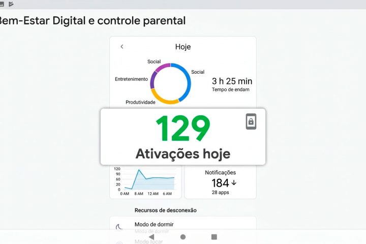 Tela de celular exibindo o painel de tempo de uso, com o número de ativações do dia.