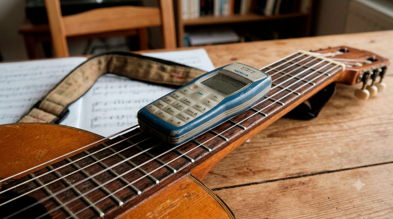 Celular Nokia antigo apoiado sobre um violão, com as cordas em primeiro plano.