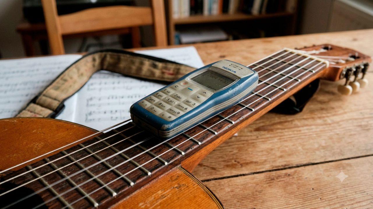 Celular Nokia antigo apoiado sobre um violão, com as cordas em primeiro plano.